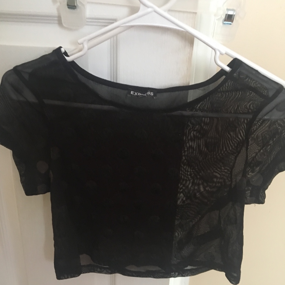 EXPRESS Mesh Crop Top- Black Polka Dots